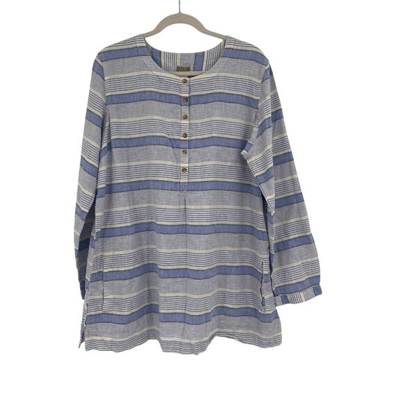 Duluth Trading Shirt Womens 2XL Blue Stripe Hemp Tunic Pockets Coastal ALTERED - Picture 1 of 12